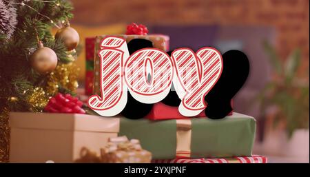 Bild des Textes für weihnachtsgrüße über weihnachtsgeschenken und -Dekorationen. Weihnachten, Festlichkeiten, Feiern und Traditionskonzepte digital generiert Stockfoto