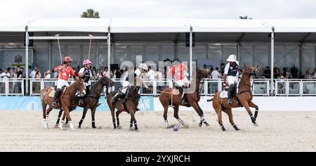 Miami Beach , USA - 17. November. 2024: Polospieler spielen am World Polo League Beach. Polospieler auf den Pferden in Miami Beach, FL Stockfoto