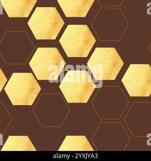 Nahtloses Muster aus Bio-Waben auf Schwarz mit gelben Honigelementen. Hand gezeichneter geometrischer abstrakter Hintergrund für Küche, Haus, Tapete, p Stockfoto