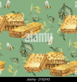 Goldene Wabenscheiben. Grüne Lindenzweige mit Blättern und fliegenden Bienen auf nahtlosem Aquarellmuster auf grünem Hintergrund. Niedliches natürliches Muster i Stockfoto