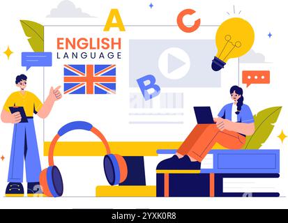 Englische Sprachvektor-Illustration mit Schülern, die Fremdsprachen, globale Kommunikation und Grundlagengrammatik lernen Hintergrund Stock Vektor
