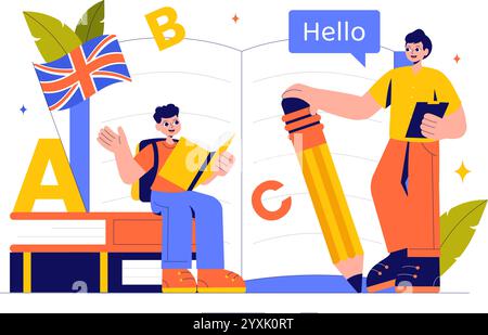 Englische Sprachvektor-Illustration mit Schülern, die Fremdsprachen, globale Kommunikation und Grundlagengrammatik lernen Hintergrund Stock Vektor