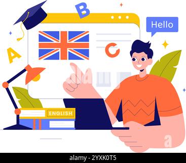 Englische Sprachvektor-Illustration mit Schülern, die Fremdsprachen, globale Kommunikation und Grundlagengrammatik lernen Hintergrund Stock Vektor