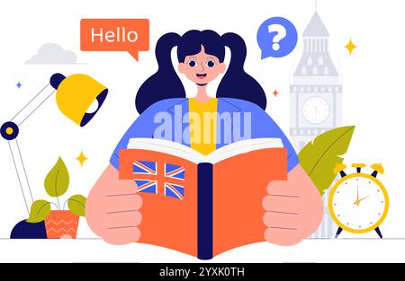 Englische Sprachvektor-Illustration mit Schülern, die Fremdsprachen, globale Kommunikation und Grundlagengrammatik lernen Hintergrund Stock Vektor