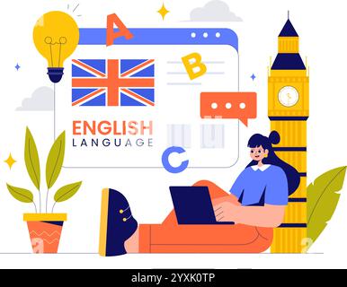 Englische Sprachvektor-Illustration mit Schülern, die Fremdsprachen, globale Kommunikation und Grundlagengrammatik lernen Hintergrund Stock Vektor