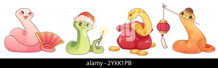 Entzückende chinesische Tierkreisfiguren mit kulturellen Elementen - pinke Schlange mit Fächer, grüne Kreatur mit Glitzer, gelbe Python mit rotem Geldbeutel und oranges Reptil mit traditioneller Laterne. Stock Vektor