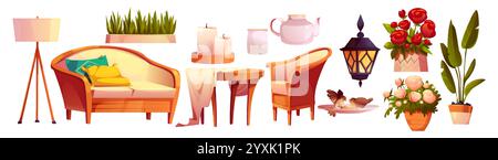 Gartenmöbel auf der Terrasse - gepolstertes Sofa, Holzstuhl, dekorative Lampe, Teekanne. Sammlung mit Topfpflanzen, blühenden Rosen, Wandlaternen und Vögeln. Für die Gestaltung von Entspannungsräumen im Freien. Stock Vektor