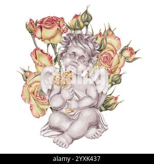 Cupid, Gelb mit rosa Rosen und goldenem Retro-Schlüsselherz mit Vintage-Mustern auf weiß. Für Hochzeitskarten, Valentinstag, Geburtstag, Feiertage, Einladungen. Stockfoto