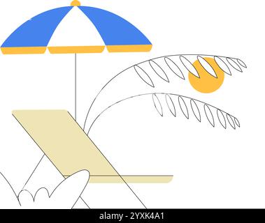 Strandstuhl und Regenschirm in der flachen Vektor-Illustration, die Sommer, Entspannung und Freizeit im Freien symbolisiert, isoliert auf weißem Hintergrund Stock Vektor