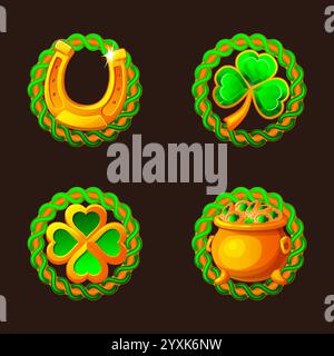 St Patrick Day grün-goldene Symbole für Spiel, Slot, Grußkarte, Aufkleber oder Print. Vier Ikonen: Klee, Kleeblatt, Kessel mit goldenen Münzen und Stock Vektor