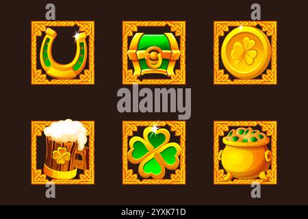 St Patrick Day grün-goldene Symbole für Spiel, Slot, Grußkarte, Aufkleber oder Print. Sechs Ikonen: Klee, Kessel mit goldenen Münzen, Becher Bier Stock Vektor