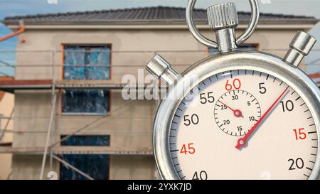 Stoppuhr vor neugebauten Eigenheim Symbolbild zum Thema Bauzeit, Termindruck, Bauverzögerung usw. *** Stoppuhr vor neugebautem Haus symbolisches Bild zum Thema Bauzeit, Termindruck, Bauverzögerungen usw. Stockfoto