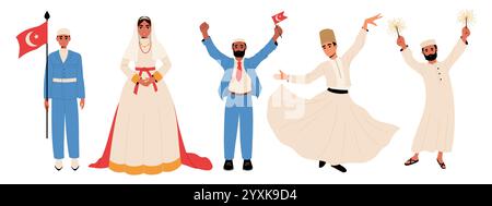 Gruppe von Menschen während traditioneller muslimischer Feiertage. Siegestag, muslimische Braut, Unabhängigkeitstag, Neujahr, wirbelnder Derwisch. Stock Vektor