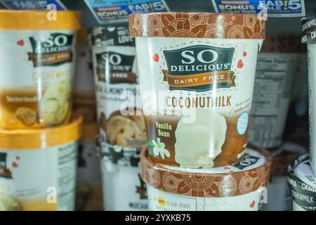 Los Angeles, Kalifornien, USA - 19.03.2019: Ein Blick auf mehrere Kartons mit so Delicious Diary Free Tiefkühldesserts im Laden. Stockfoto