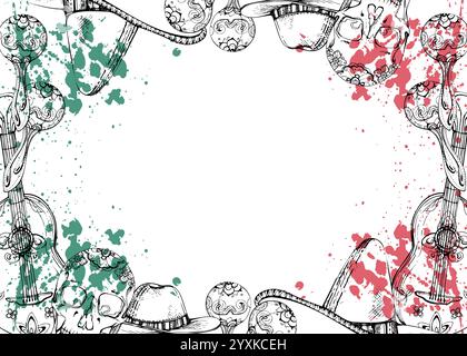 Mexikanische Symbole Sombrero Hut, Gitarren Maracas Mariachi Musikinstrumente, rote grüne Spritzer. Hand gezeichneter Tintenvektor isolierter Illustrationskartenrand Stock Vektor
