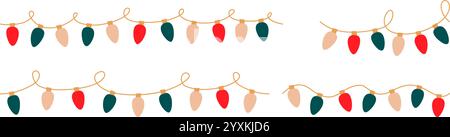 Weihnachtsbeleuchtung Set. Girlanden, die mit farbigen Zwiebeln geschlungen sind. Glühende Weihnachten festliche String Dekoration mit hängenden Retro Lampen Glühbirne für Weihnachtskarten, Stock Vektor