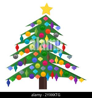 Weihnachtsbaum mit Weihnachtskugeln und einem Stern auf der Spitze. Vektorabbildung. Stock Vektor