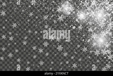 Schneefall und fallende Schneeflocken auf dunklem transparentem Hintergrund. Weiße Schneeflocken und Weihnachtsschnee. Vektorabbildung Stock Vektor
