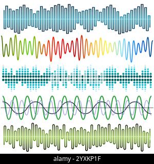 Vektorsatz von Schallwellen. Audio-Equalizer. Ton und Audiowellen isoliert auf weißem Hintergrund. Stock Vektor