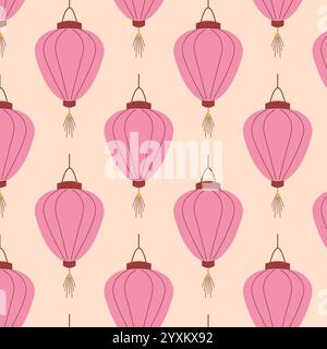 Bezauberndes nahtloses Muster mit rosa chinesischen Laternen auf weichem pfirsichfarbenem Hintergrund in flacher Art. Ideal für festliche Dekorationen, Schreibwaren, Textilien und Geschenke Stock Vektor