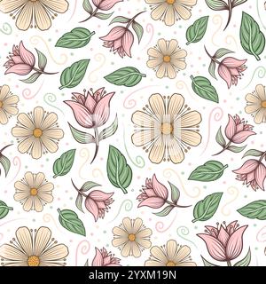 Nahtloses Muster mit handgezeichneten Blumen und Blättern. Botanische Illustration. Stockfoto