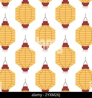 Nahtloses Muster mit traditioneller chinesischer Laterne in Goldgelb auf weißem Hintergrund in flacher Art. Perfekt für festliches Design, Dekoration, Textil Stock Vektor