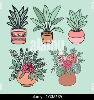 Feminine Ästhetik Vektor Clip Art Set – Blumen in Töpfen Elemente Stock Vektor