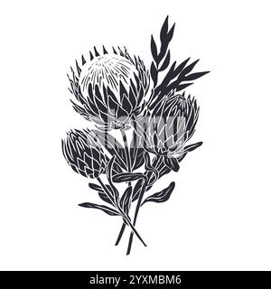 Schwarze Silhouette von tropischen Protea-Blumen und Blättern Bouquet Stock Vektor