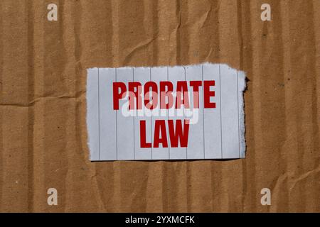 Nachricht zum Nachlassgesetz geschrieben auf gerissenem Papierstück mit Papppapierhintergrund. Symbol für das konzeptionelle Nachlassgesetz. Kopierbereich. Stockfoto