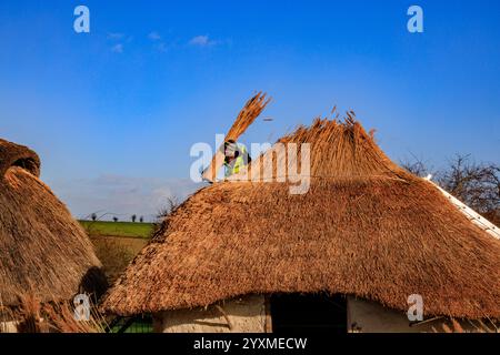 Nachbildungen neolithischer Häuser, die vor dem Stonehenge Besucherzentrum in der Salisbury Plain, einem geplanten antiken Monument, in Wiltshire, England, reetgedeckt werden Stockfoto