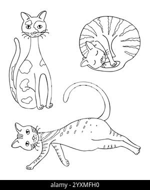 Eine Reihe von Bildern von niedlichen lustigen Katzen. Aufkleber in Hand zeichnen Kritzelstil. Stock Vektor