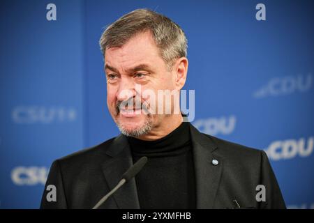 Dr. Markus Söder, CSU-Vorsitzender und Ministerpräsident des Freistaates Bayern, Pressekonferenz zur Vorstellung des gemeinsamen Wahlprogramms von CDU und CSU, 17.12.2024, TELEGRAPHENAMT, Berlin, Deutschland *** Dr. Markus Söder, CSU-Vorsitzender und Premierminister des Freistaates Bayern, Pressekonferenz zur Vorstellung des gemeinsamen Wahlprogramms von CDU und CSU, 17 12.2024, TELEGRAPHENAMT, Berlin, Deutschland 8-cducativsu-Media Stockfoto