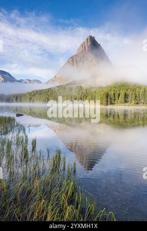 Neblige Dämmerung über dem Swiftcurrent Lake mit Blick auf Mt. Grinnell, Many Glacier, Glacier National Park, Montana, USA Stockfoto