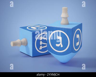 Hanukkah Dreidels isoliert auf blauem Hintergrund. 3D-Abbildung. Stockfoto