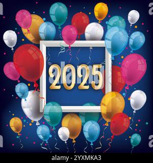 Golden 2025 Frame Silvester Night farbige Ballons farbige Ballons mit Rahmen und goldenen Zahlen 2025 auf blauem Hintergrund. Stockfoto