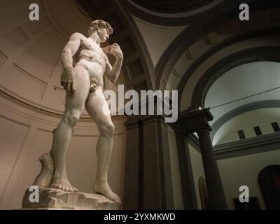 Beeindruckender flacher Blick auf Michelangelos Marmorstatue von David, aufgenommen am 13. Dezember 2015 in der Galleria dell'Accademia in Florenz. Diese legendäre Re Stockfoto