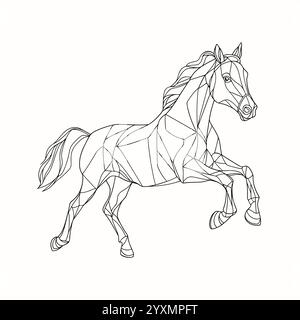 Gestalte die Pferdefigur im abstrakten geometrischen Stil. Tierlogo im Origami-Stil. Laufendes Mustang-Maskottchen. Schwarz-weiß-Vektorillustration Stock Vektor