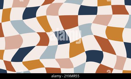Psychedelische Schachbrettmuster. Farbenfroher, grooviger Hintergrund im Hippie-Stil der 60er bis 70er Jahre. Verzerrtes Retro-Design im Y2K-Stil Stock Vektor