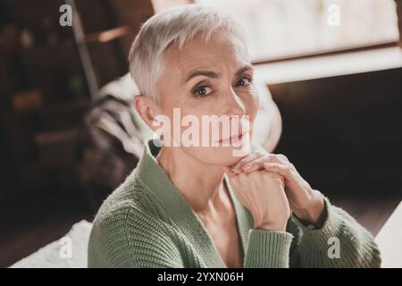 Charmante ältere Frau mit kurzen grauen Haaren sitzt in einem gemütlichen Wohnzimmer und trägt eine stilvolle grüne Strickjacke Stockfoto