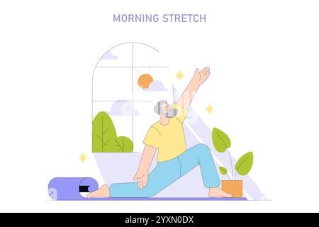 Gesundes Lifestyle-Konzept. Illustration eines Mannes, der zu Hause Morgenstrecken macht. Trainingsroutine, Wellness und tägliche Fitness. Vektorabbildung. Stock Vektor