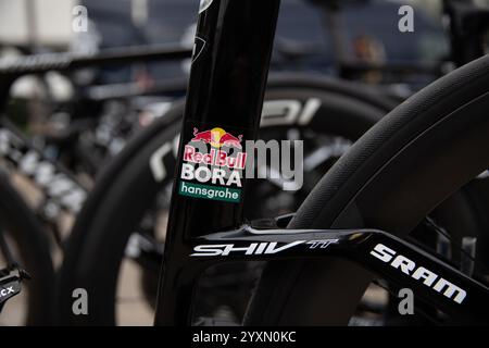 Palma, Spanien. Dezember 2024. Red Bull - Bora - Hansgrohe Logo auf einem Fahrrad während eines Trainings im Wintercamp. Quelle: Clara Margais/dpa/Alamy Live News Stockfoto