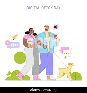 Digital Detox Day Konzept. Familie, die Outdoor-Aktivitäten über Technologie liebt. Trennen von digitalen Geräten, genießen Sie Freizeit mit Haustier. Vektorabbildung. Stock Vektor