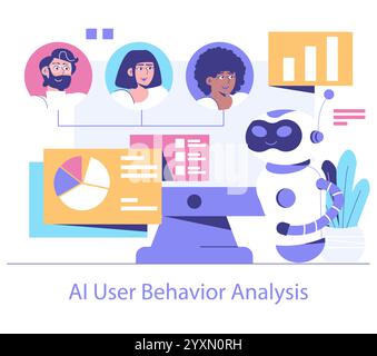 Konzept der KI-Analyse des Benutzerverhaltens. Ein Roboter, der Datendiagramme analysiert, um Muster in Benutzeraktivitäten zu verstehen. Vektorillustration zur Darstellung datengesteuerter Entscheidungen. Stock Vektor