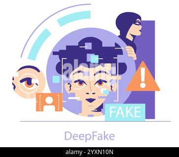 Cyberkriminalität. Eine Illustration, die die trügerische Welt der Deepfake-Technologie mit einem Hacker und Warnzeichen aufdeckt. Warnung zur Manipulation digitaler Identitäten. Vektorabbildung. Stock Vektor