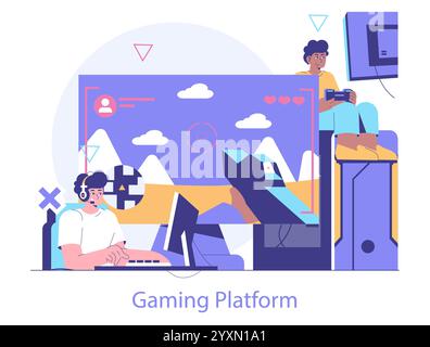 Abbildung der eSports-Plattform. Gamer, die sich mit konkurrenzfähigen Videospielen beschäftigen. Teamzusammenarbeit, Strategieentwicklung, Teilnahme an virtuellen Turnieren. Vektorabbildung. Stock Vektor