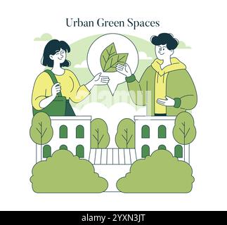 Urban Green Spaces Konzept. Zwei Personen, die einen Dialog über die Umweltpflege vor dem Hintergrund eines Stadtparks führen. Förderung der Beteiligung der Gemeinschaft an umweltfreundlichen Initiativen. Vektorabbildung. Stock Vektor