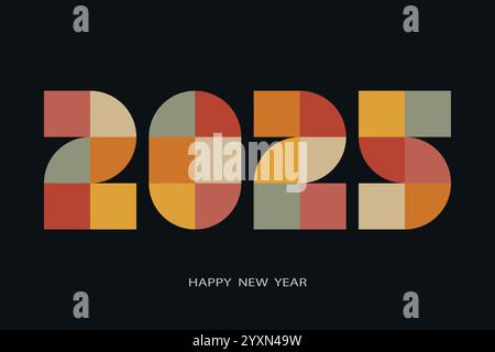 Moderne geometrische 2025-Ziffern in kräftigen Farben auf schwarzem Hintergrund mit Neujahrsgruß Stock Vektor