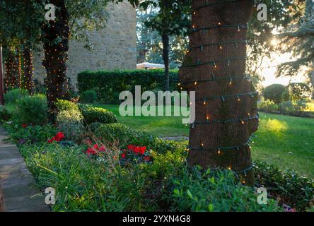 Lichterketten beleuchten Bäume bei Sonnenuntergang in einem wunderschönen Garten und schaffen eine magische und festliche Atmosphäre Stockfoto