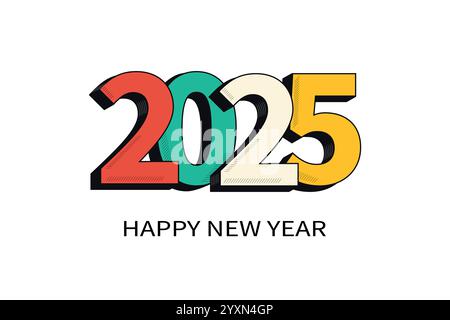 Bunte 2025 Happy New Year Gruß Illustration im Comic-Stil Stock Vektor