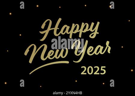 Golden Happy New Year 2025 Text auf schwarzem Hintergrund mit funkelnden Akzenten. Stock Vektor